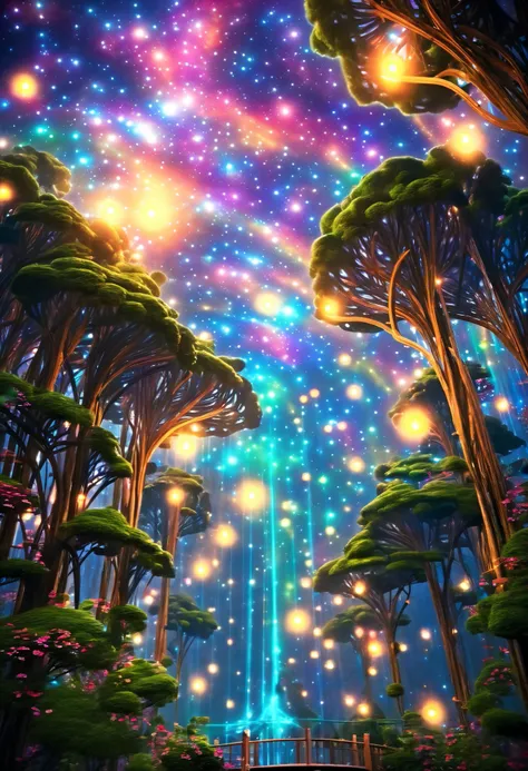 A mysterious landscape where a starry sky full of shining constellations and a huge moon illuminate the magical forest.  in the woods, Twisted, Trees shining in rainbow colors 々 intertwine with glowing vines .  Dancing fairies like magical creatures ,  Tre...