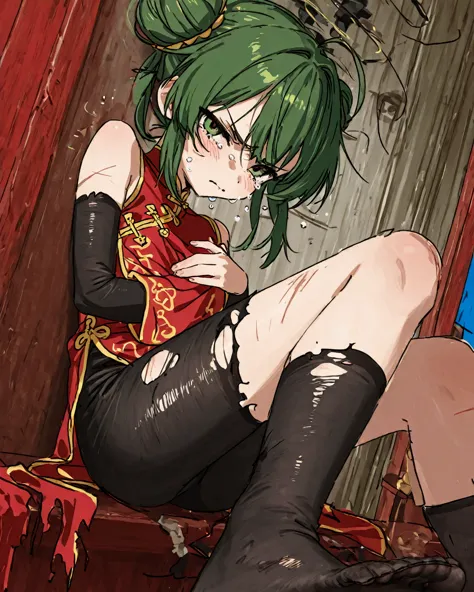 CHINESE CLOTHES、Green Hair、dull red eyes、Damaged clothing、a word、 teary eyes in the store、Glaring Gaze、Arms covering chest、composition showing the image from the foot、Composition viewed from slightly above、The foot that broke the system、