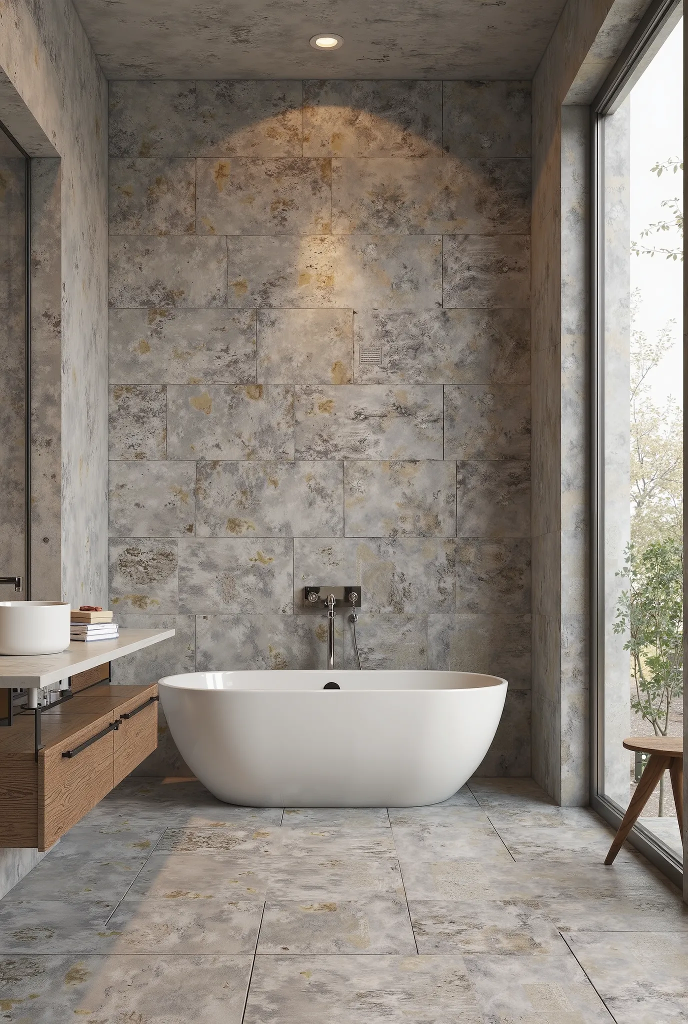 Interior design rendering of a bathroom with a focus on the stone tile accent wall. The tiles are large and irregular in shape, with a color palette of predominantly gray with hints of brown and beige. The texture is slightly rough, and the grout lines are...