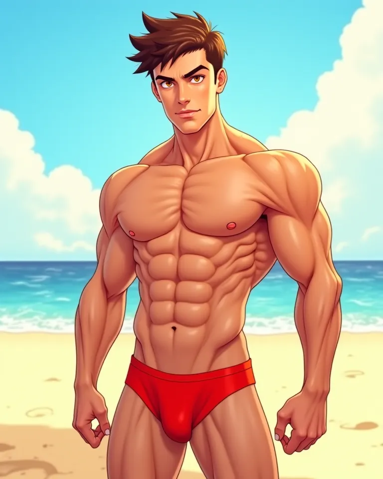 strong man, fair skin, golden eyes, brown hair, dressed with tiny red underpants, entire body, standing up, beach background, portrait, comic animation style