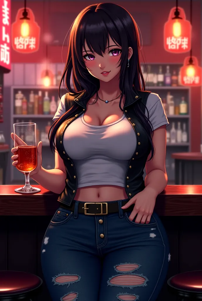 Anime Babe,  huge breasts , grosses fesses, in a bar, drunk, leather vest, jean,  smooth hair, t-shirt blanc