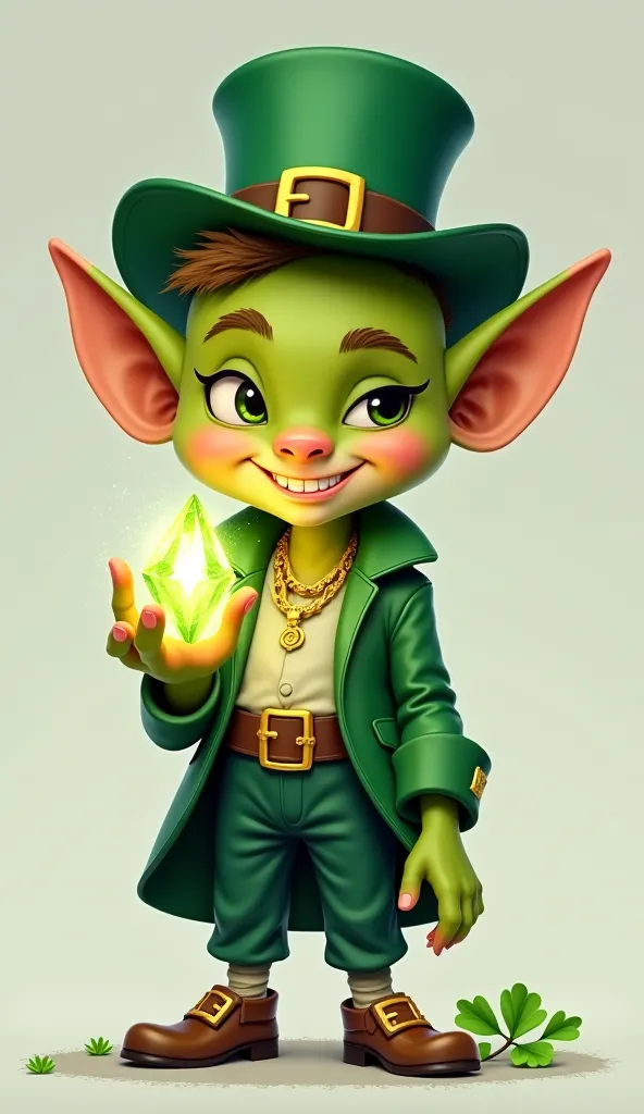 Green leprechaun with a crystal in his hand, Barely laughing face, em 2d