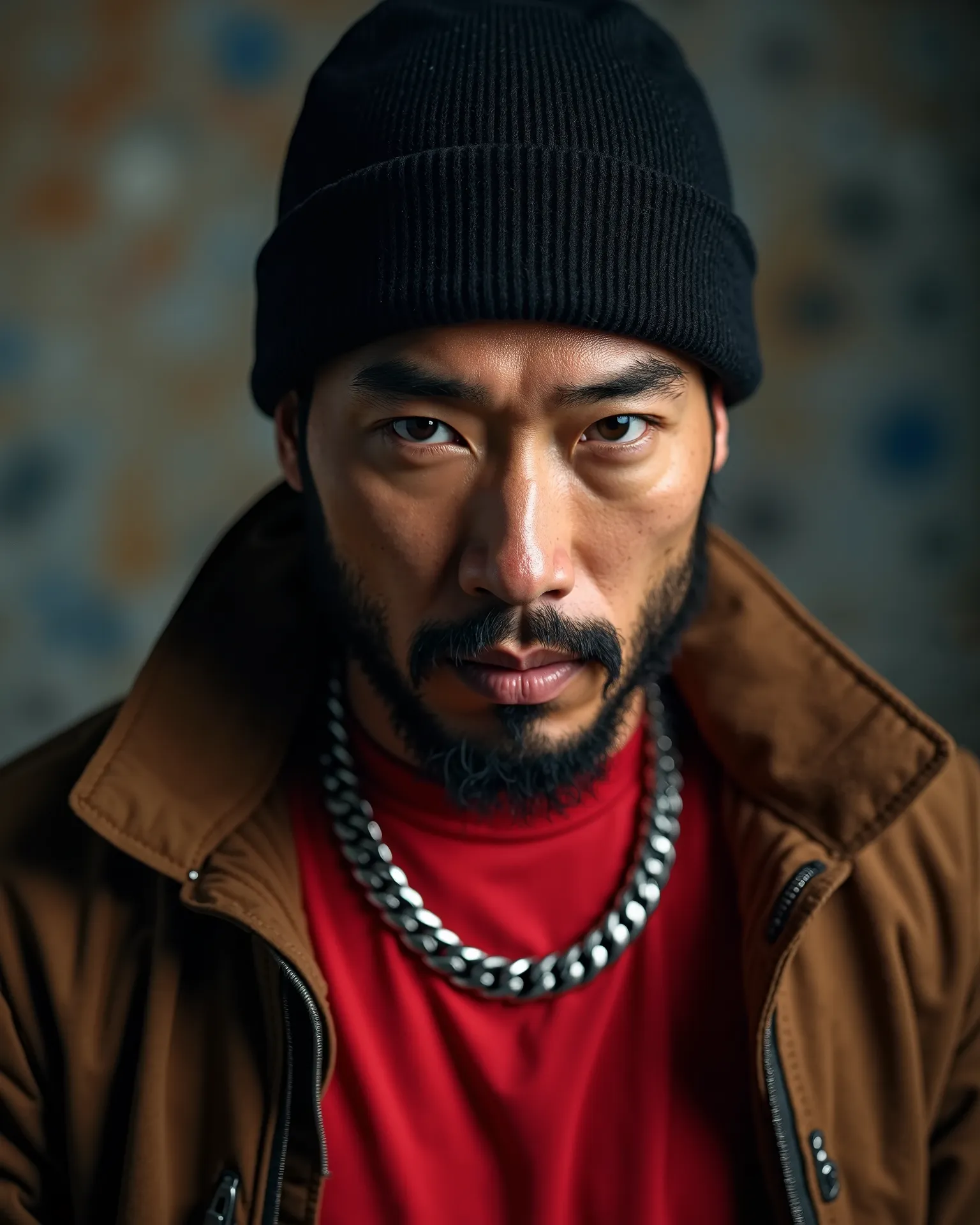 Rap-rock, 39 years old, asian male, black beanie, brown bomber jacket and red t-shirt under the jacket, silver hip-hop chain.