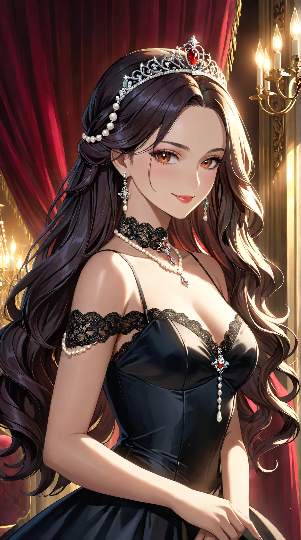 Close-up portrait of a noble and elegant young lady, her face illuminated by the warm glow of a grand chandelier. She has long wavy hair cascading gracefully, adorned with a delicate tiara. Her confident and mysterious smile exudes refined elegance. She we...