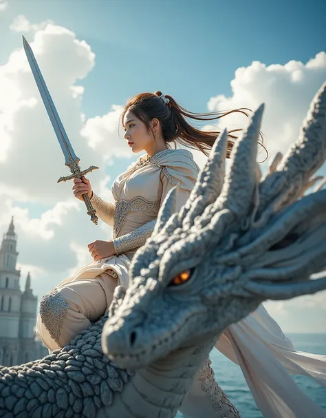 female warrior riding a flying dragon against a giant city floating above the sky、Magical Realism、fantasy art、flying across a dragon、Light Armor、combat posture、頭上に剣を持ち、beautiful face、confident smile、floating in the sky in the background、float in the air、cl...