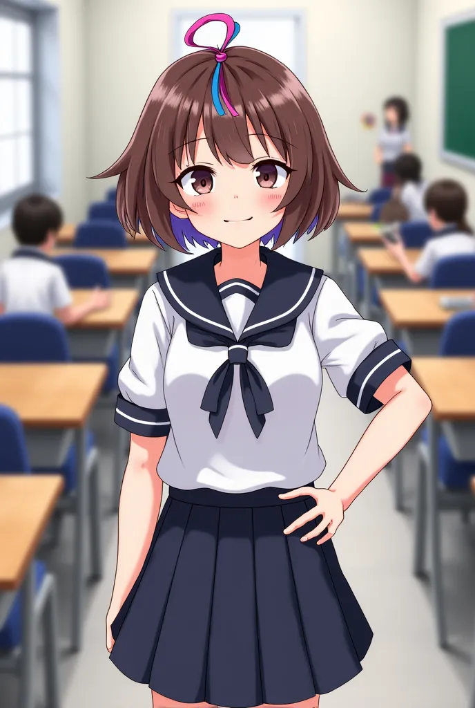 A girl with short brown hair with pink, blue and purple strands and wearing a Japanese school uniform 