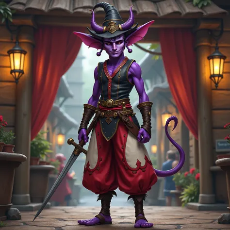 Tiefling, DND, Fantasy, bard, flute, leather armor, red and white puffy pants, puffy sleeves, hat, narrow horns, narrow tail, schematic smile, in front of a tavern, rapier on belt, purple skin