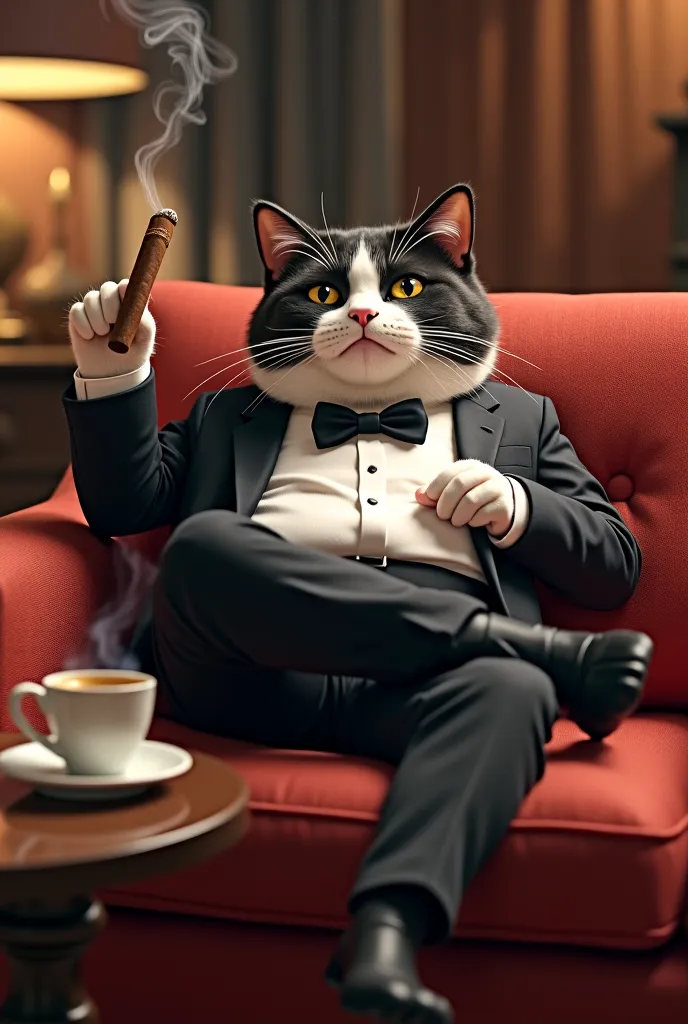 Fat tuxedo wearing coffee on coffee table smoking cigar coffee on coffee background lying on sofa in foreground  