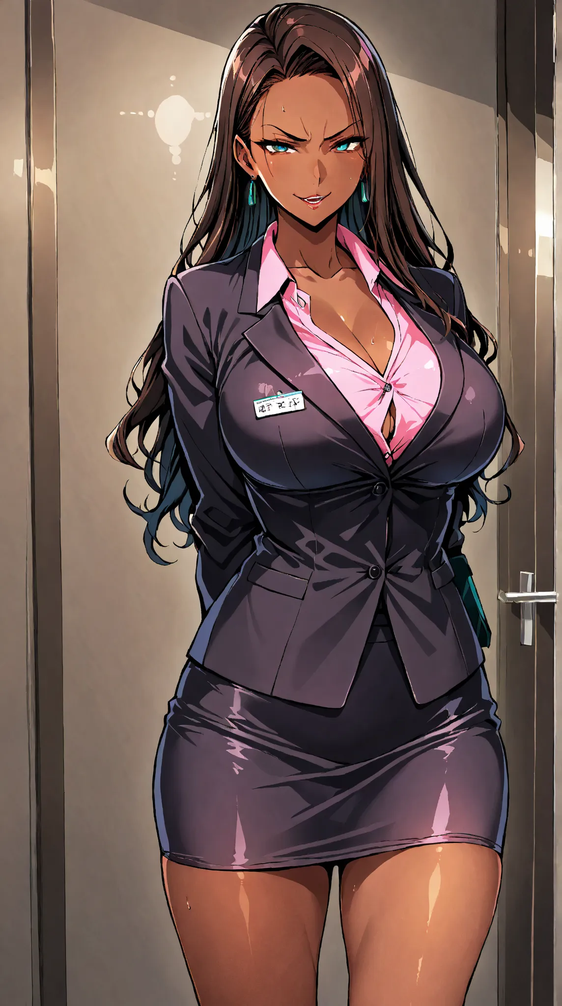 Evil Black skinned business woman in a black skirt suit , pink blouse , and pink haira