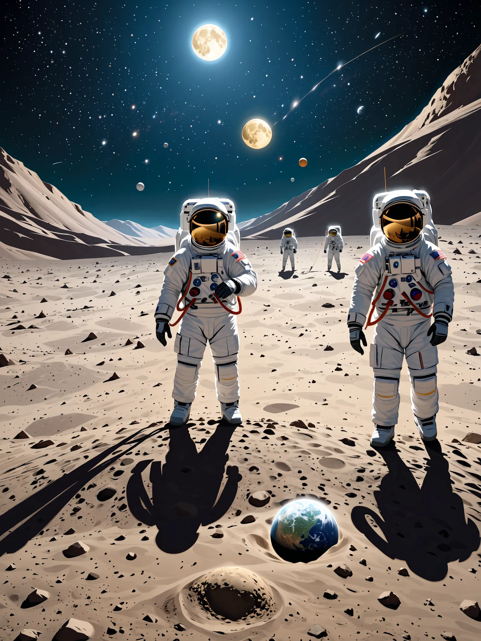 A group of four astronauts (playing volleyball on the Moon), (They are dressed in full spacesuits), (with helmets reflecting the glow of the Earth in the background), (Two players stand on either side of a makeshift net), (bouncing lightly due to the low l...