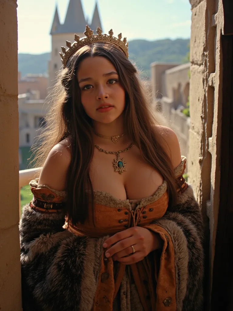 Olivia Hussey, sexy medieval princess, tiara, cleavage, standing on balcony, luxurious low cut dress, jewelry, ultrarealistic, background is medieval city, sunshine, lensflare, best quality, high detail, nsfw, detailed skin texture, beautiful detailed face...