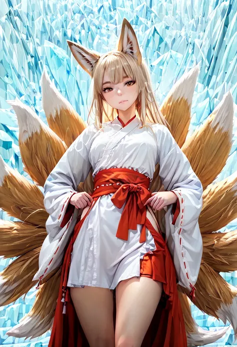 (masterpiece:1.3, perfect details:1.3, best quality:1.3, 8k wallpaper) ,((fox girl)) ,((blonde hair,multiple tails,fox tail,fox ears)) ,miko outfit