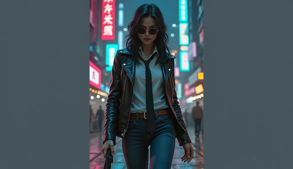 Female detective in a noir style. Wearing a leather jacket, jeans, white shirt, black tie. Set in  A gothic cyberpunk background. Make the image 1080p for YouTube.