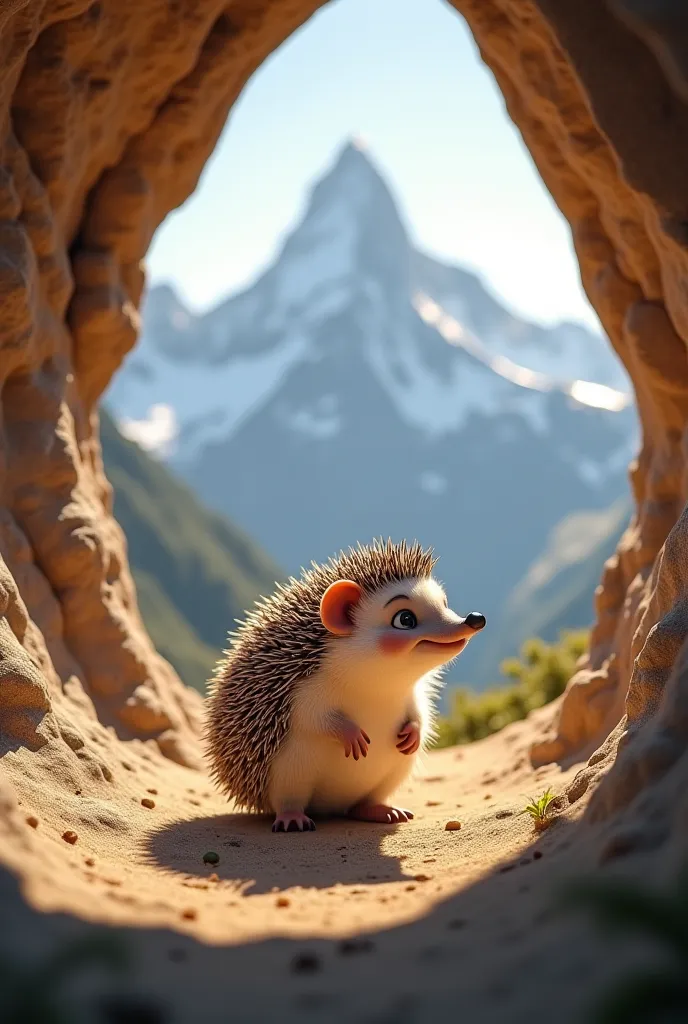 A happy hedgehog in the cave in the mountain 