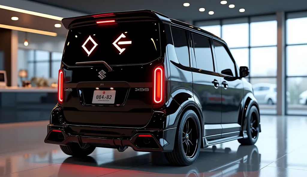 3D render of a heavily modified (2025 Suzuki APV camper)in(black )colour, back view) The car features closing doors, ultra-high-detail glossy and shiny modifications, including sleek add-ons. The () logo is prominently displayed on the closing doors, the (...