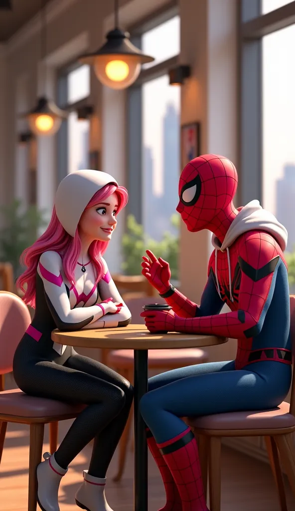 "A high-quality 3D animation-style render of Spider-Man (Peter Parker) and Spider-Gwen sitting at a small coffee shop table, engaged in conversation. Spider-Gwen, wearing her white, pink, and black suit with the hood down, leans slightly forward, smiling a...