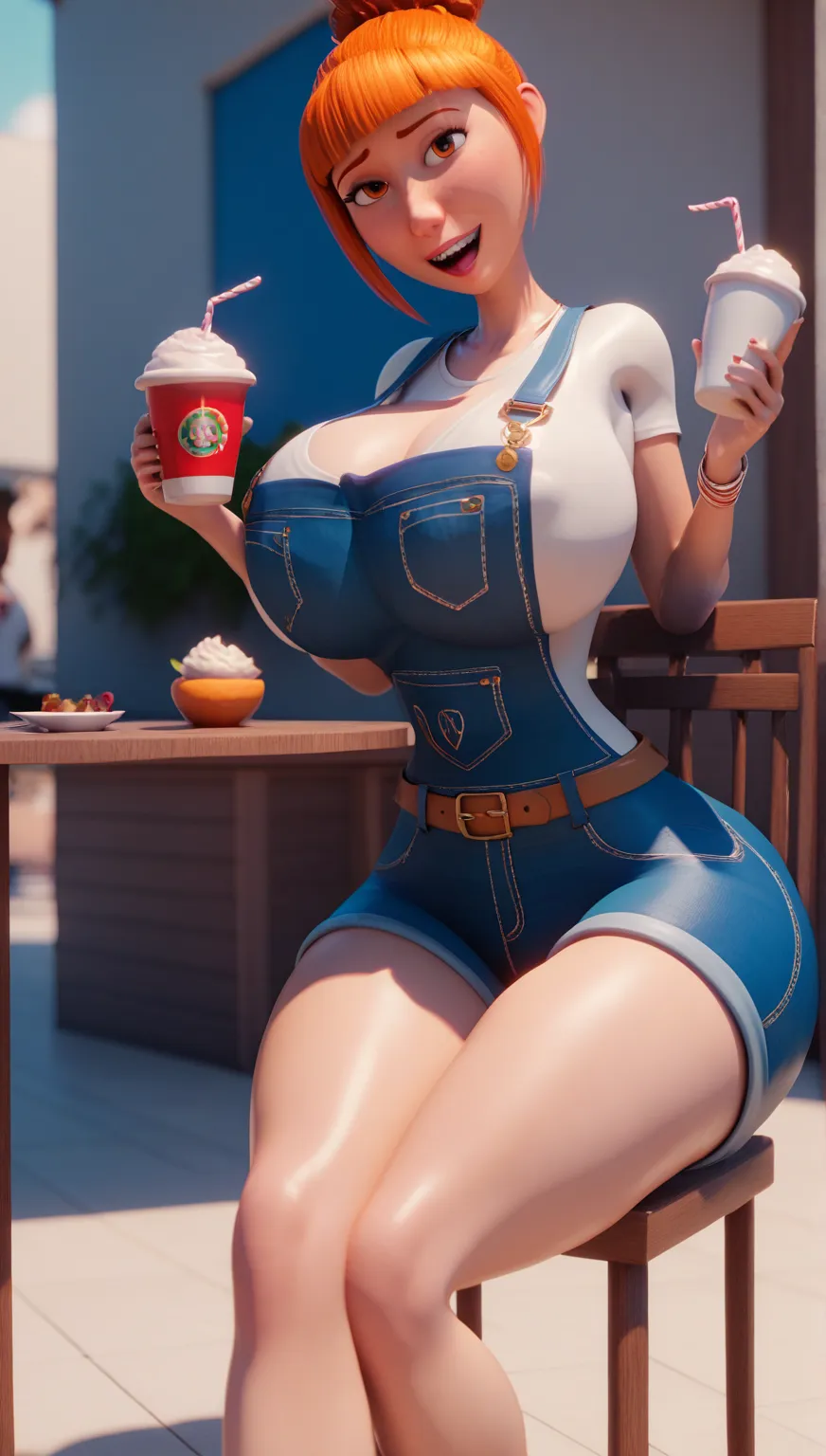 despicable me:1.3,3D:1.1, 1mlhuer:1.1, blue denim overalls:1.1 ,Lucy:1.1, glad:1.5,hair orange, huge breasts, thin thighs, Wide hips, thin belt, huge ass, thin legs, thin arms, public, sitting on the chair, open legs, holding a cup