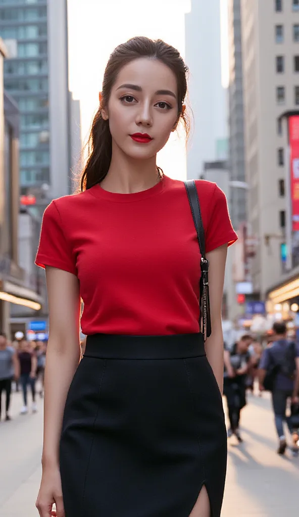 a woman,  walking in the middle of the city, using a red casual shirt,  using a long skirt to the toe fishtail model of black color,  big boobs,  red lips