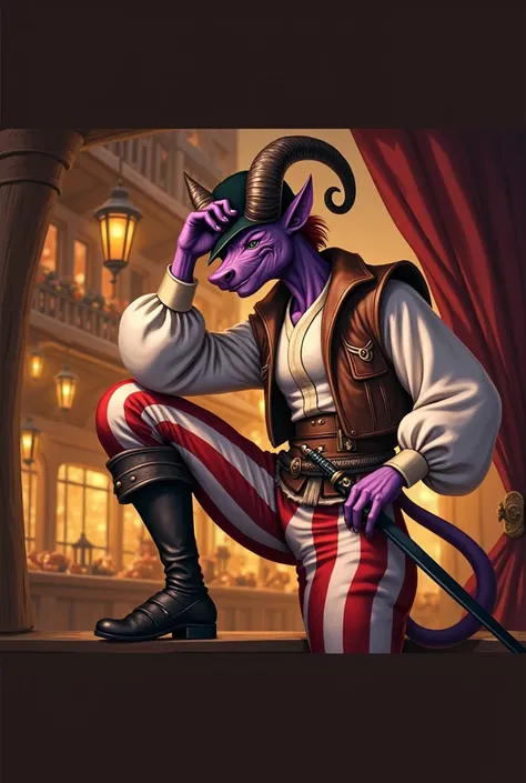 Tiefling, DND, Fantasy, bard, flute, leather armor, red and white puffy pants, puffy sleeves, hat, narrow horns, narrow tail, schematic smile, in front of a tavern, rapier on belt, purple skin