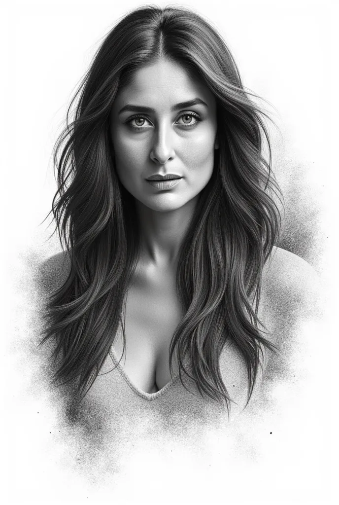 An impressionist-style pencil portrait depicting a woman in her 30s with long wavy hair, skillfully shaded to create depth, done in black ink on white paper, surrounded by charcoal dust.