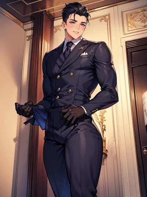  (masterpiece,best quality,ultra_detailed,highres,absurdres), (detailed shadow), (quality light),1 (yaoi_ikemen_male:1.8) (with bulge:1.2), 30-ish, (muscleale focus), (solo:1.6), short black Quiff hair with Soft Fringe (bangs part on side 3:7 ratio), blue ...