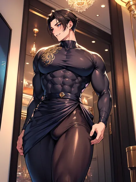  (masterpiece,best quality,ultra_detailed,highres,absurdres), (detailed shadow), (quality light),1 (yaoi_ikemen_male:1.6) (with bulge:1.2), 30-ish, (muscleale focus), (solo:1.6), short black Quiff hair with Soft Fringe (bangs part on side 3:7 ratio), blue ...