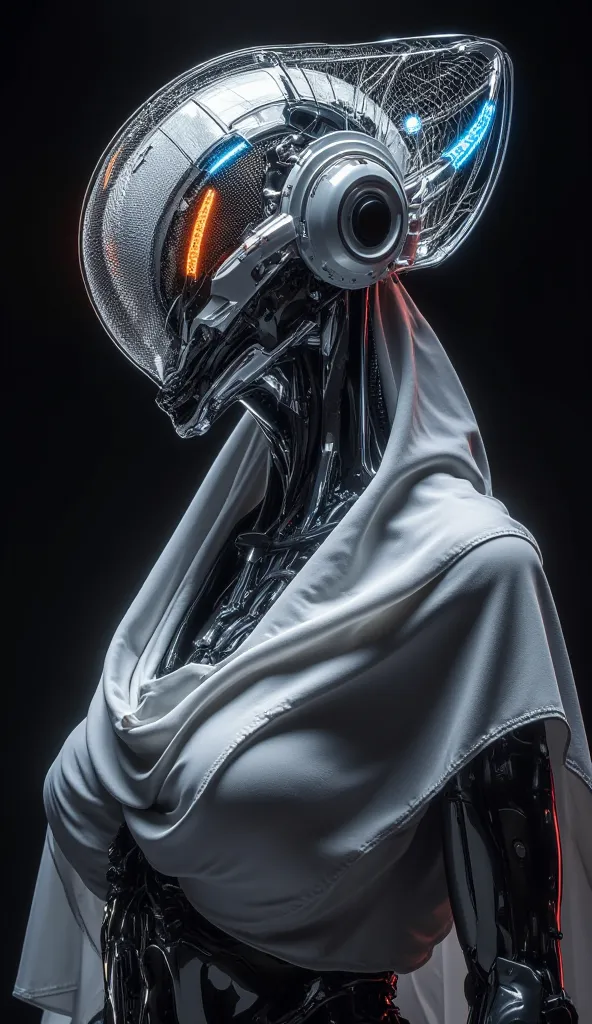 the aprodhite, stylized, futuristic humanoid cyborg, from the chest up, with a translucent, orange and blue insect eyes mesh-like helmet revealing a insect-like face. Mechanical details like vents and wires are visible around the chin and sides of the head...