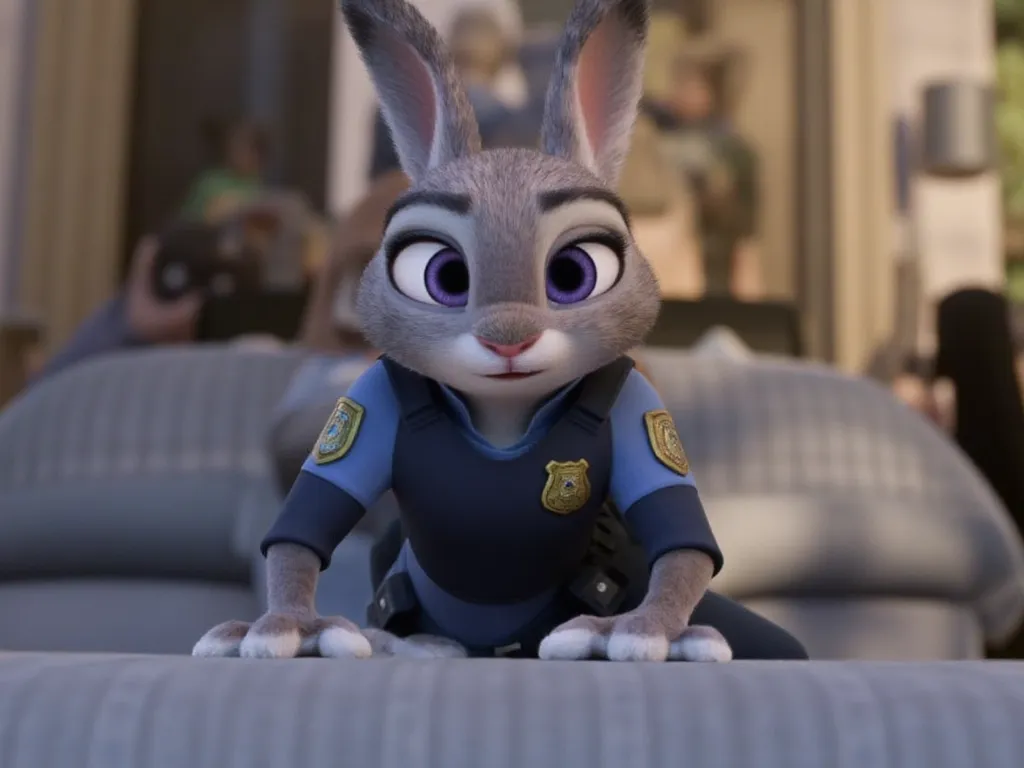 Judy Hopps from Zootopia, staying true to the movie's original style, sitting at the center of a plush bed, wearing her crisp police uniform. She takes a mirror selfie with her phone, partially obscuring her face and creating an interesting reflection. The...