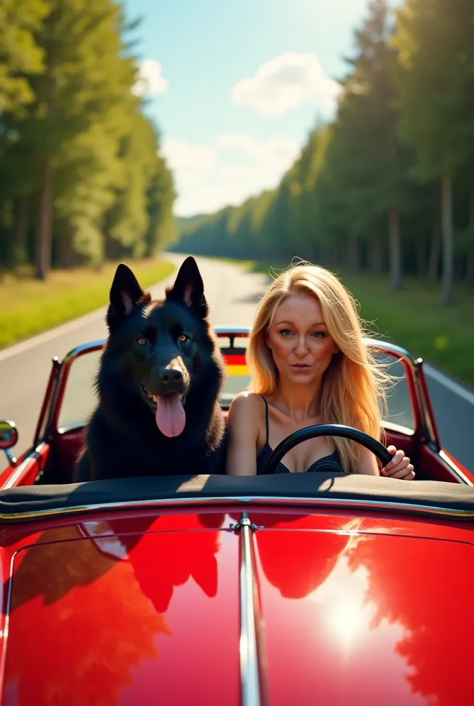 Make her a blonde woman with glasses and a black dog riding in a red car with a German flag