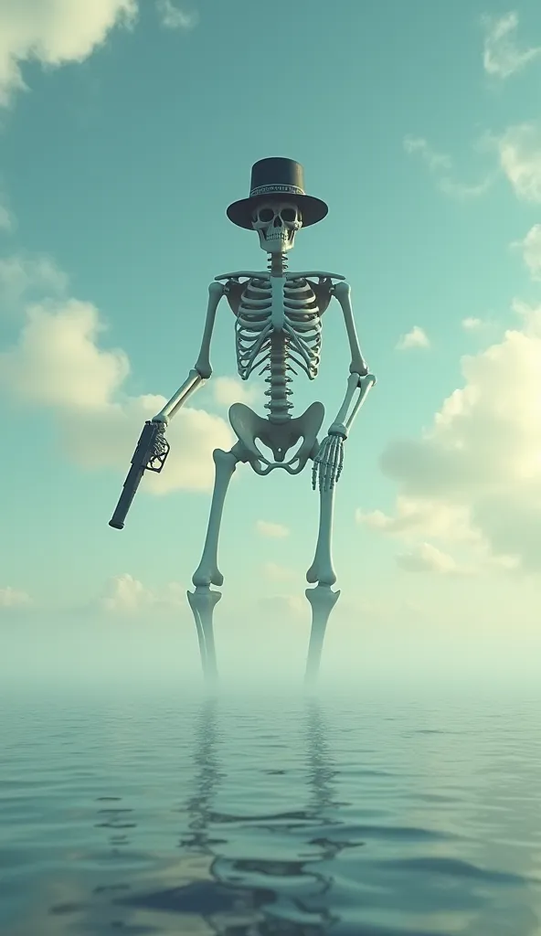 Surrealism skeleton wearing a hat and a gun in the sky above the sea