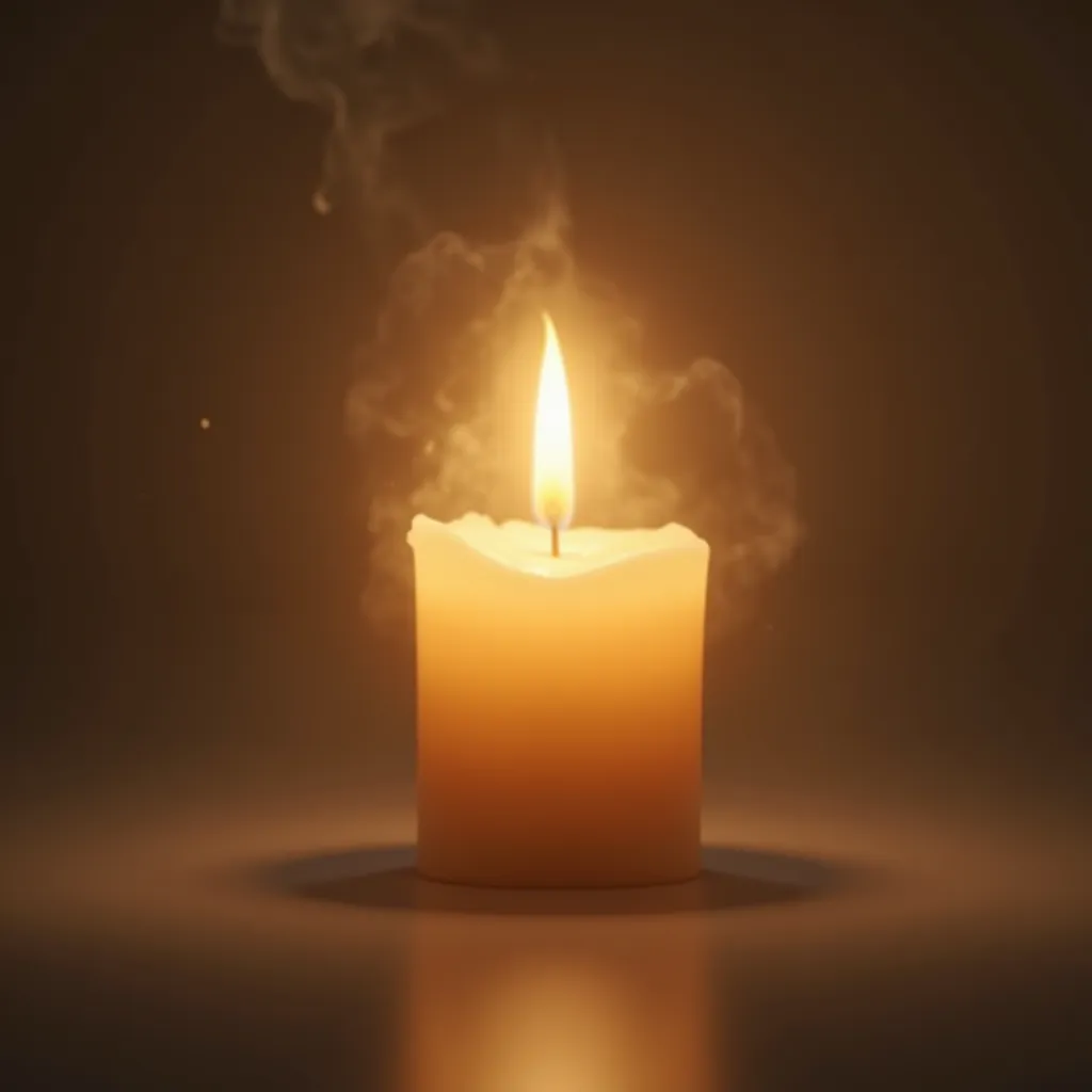 A hyper-realistic, high-resolution image of a glowing candle in a serene, darkened space. The soft, flickering flame casts a warm, gentle light, creating an aura of peace and spiritual warmth. The candle is surrounded by delicate mist or soft light rays th...