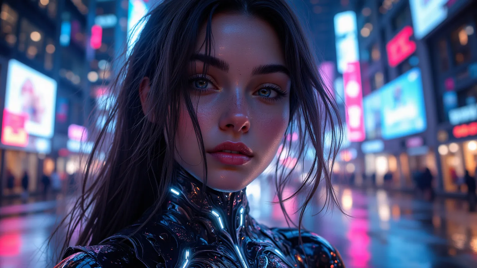 A stunning, cute girl with large, sparkling eyes full of warmth and love, standing under the soft neon glow of a futuristic city. Her silky hair flows gently in the breeze, reflecting the vibrant colors around her. She wears a sleek, high-tech bodysuit wit...