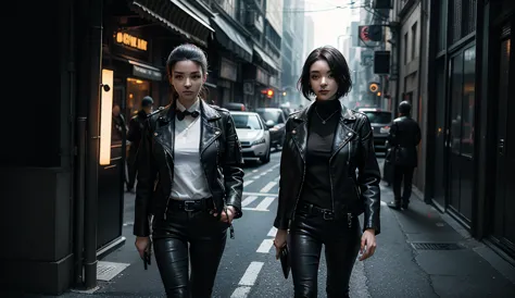 Noir style female detective wearing leather jacket, white shirt black tie. Standing in a cyberpunk, gothic background 