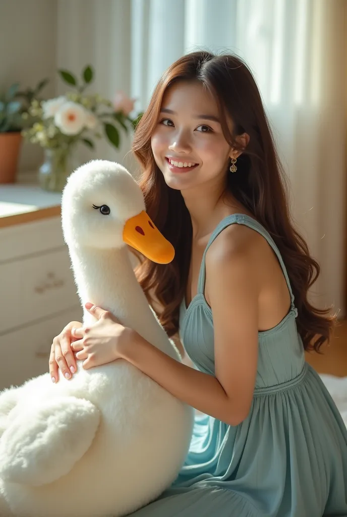 A young woman with long mocha brown hair，Middle-parted bangs，Wearing a light blue dress，Hands holding a big goose doll。45℃ look sideways at the camera and smile，