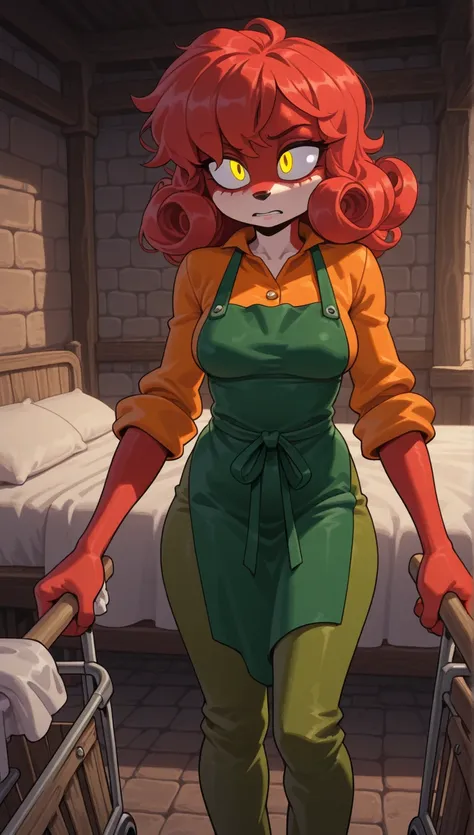 Score_9Score_9, Score_8_up, Score_7_up, 1boy, solo, masterpiece, best quality, amazing quality, very aesthetic, absurd, furry font, kyryn mobian, long curly red hair, one yellow eye and the other blue, kyryn horn, medium breasts, (green apron, orange shirt...