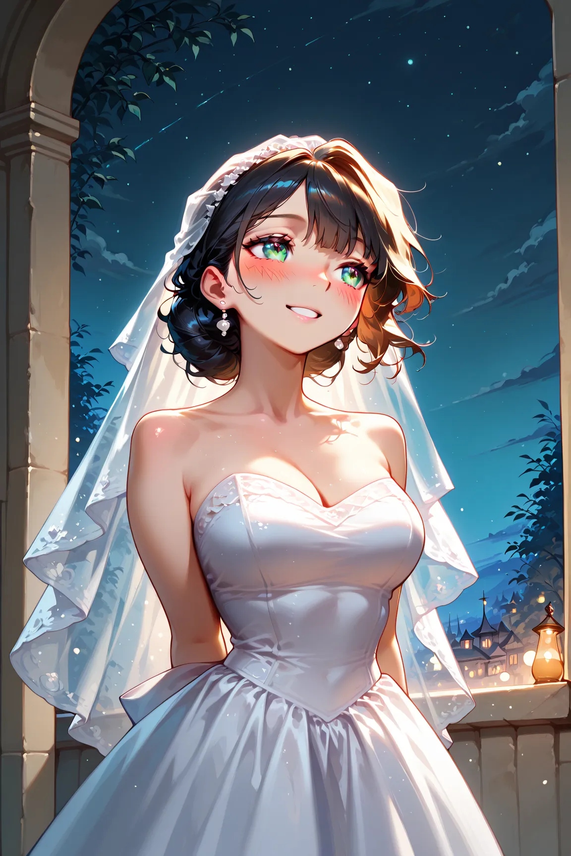 (best quality, high definition, masterpiece:1.2,), Illustration, Night,  1 girl, whole body, ( wedding dress ), arm behind back, Waiting for the kiss, looks at the observer,  jumping happy, Blush,