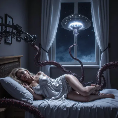 Gorgeous woman asleep in bed in slutty loose pajamas, a ufo is outside her window, a deadly man eating tentacle beast is sliming its way into her open window