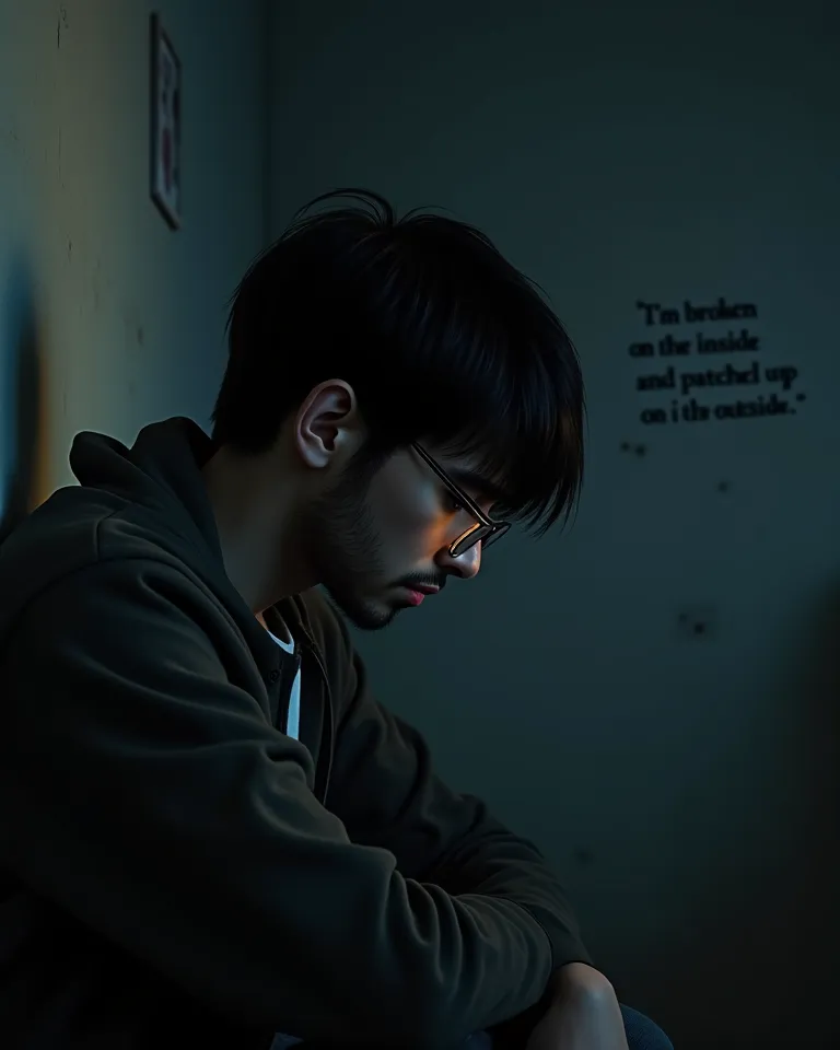 A boy sitting alone at home.  crying. At night. A light shines on him.  He has straight black hair , wears glasses and has a beard. face exposed, handsome boy, Pretty Eyes, Everything beautiful in him. Realistic, HD.There's writing on the wall like. "I'm b...