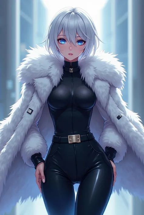 anime style, white hair, blue eyes, stylish,  Woman,  fur coat , powerful, Young, short hair,  pantyhose , tight pants and tight clothes
