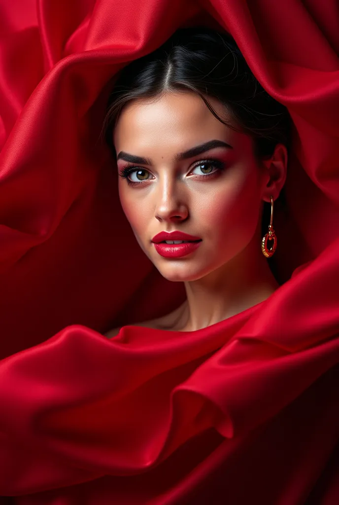 Artistic image: logo, facebook cover format, beauty products, realistic art, artistic inspirations: photorealistic portraits, fashion photography, background color mix of red and black.