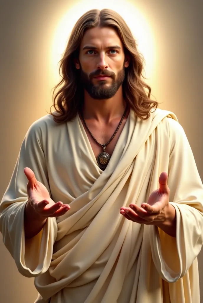 in the image, a man is portrayed with traits that evoke the traditional representation of Jesus Christ. He is wearing a clear tunic, that seems to be made of a light and fluid fabric, falling softly along your body.  The sleeves are long , and the tunic is...