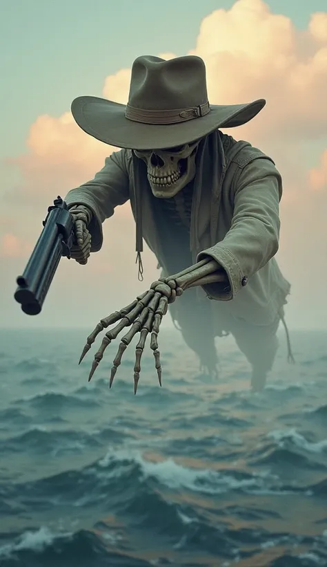 Surrealism, a skeleton in a hat with a gun flies in the sky above the sea