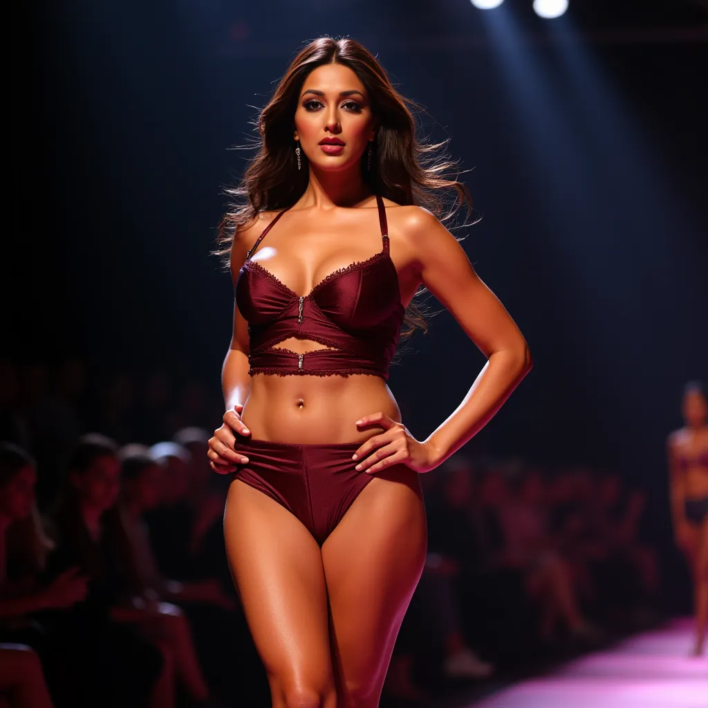 NSFW, Full hd Potrait of a tall busty MILF woman sonali bendre is standing sexy in a fashion show stage(well bright light), hand on her hips(sexy thighs and belly side curves folds), people are around her. She is horny and giving seducing looks. Looking in...