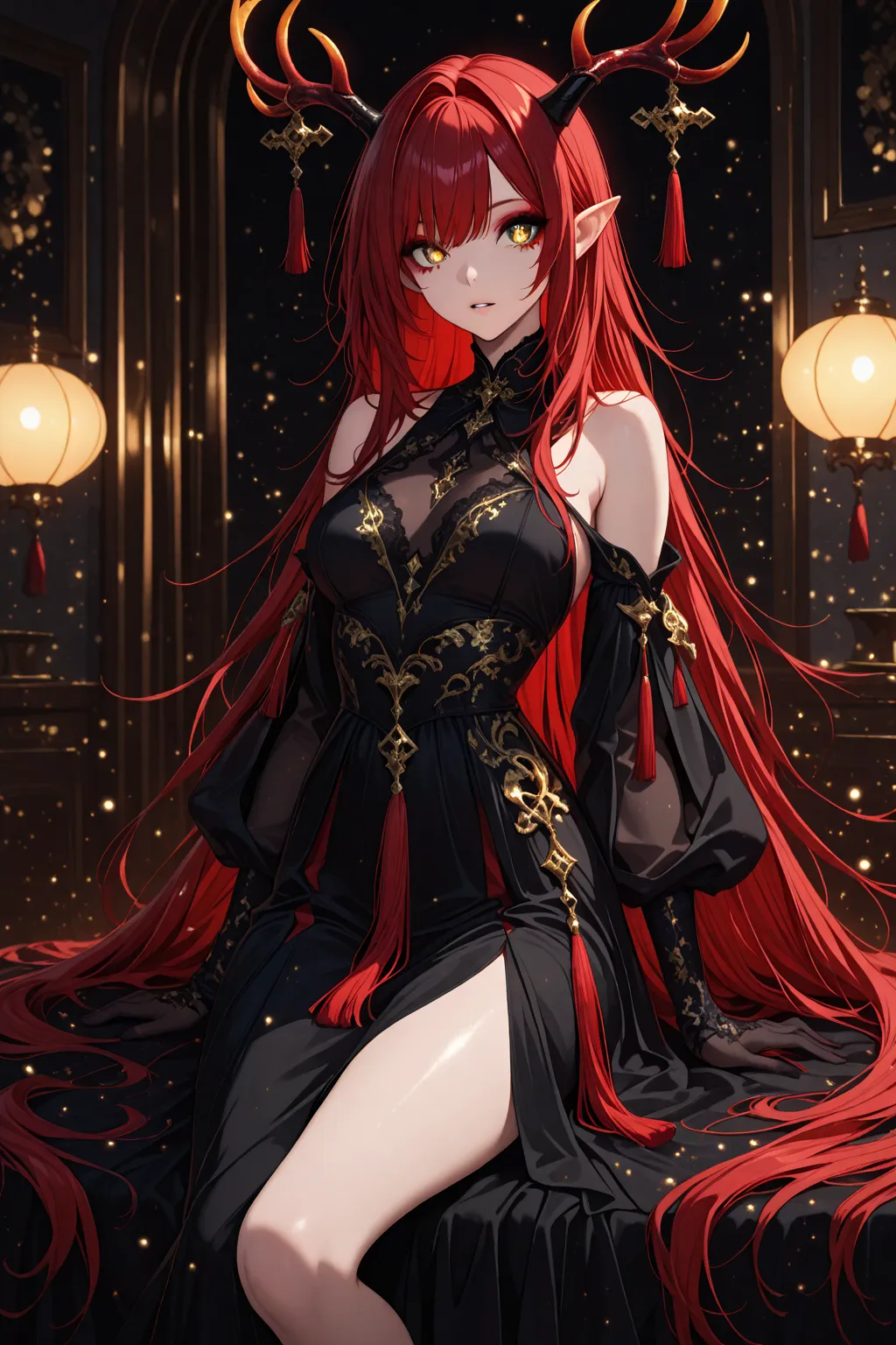 1girl, solo, golden eyes, long hair, looking at viewer, gloves, long sleeves, dress, bare shoulders, very long hair, red hair, multicolored hair, parted lips, detached sleeves, demon horns, pointy ears, indoors, off shoulder, black dress, makeup, feet out ...