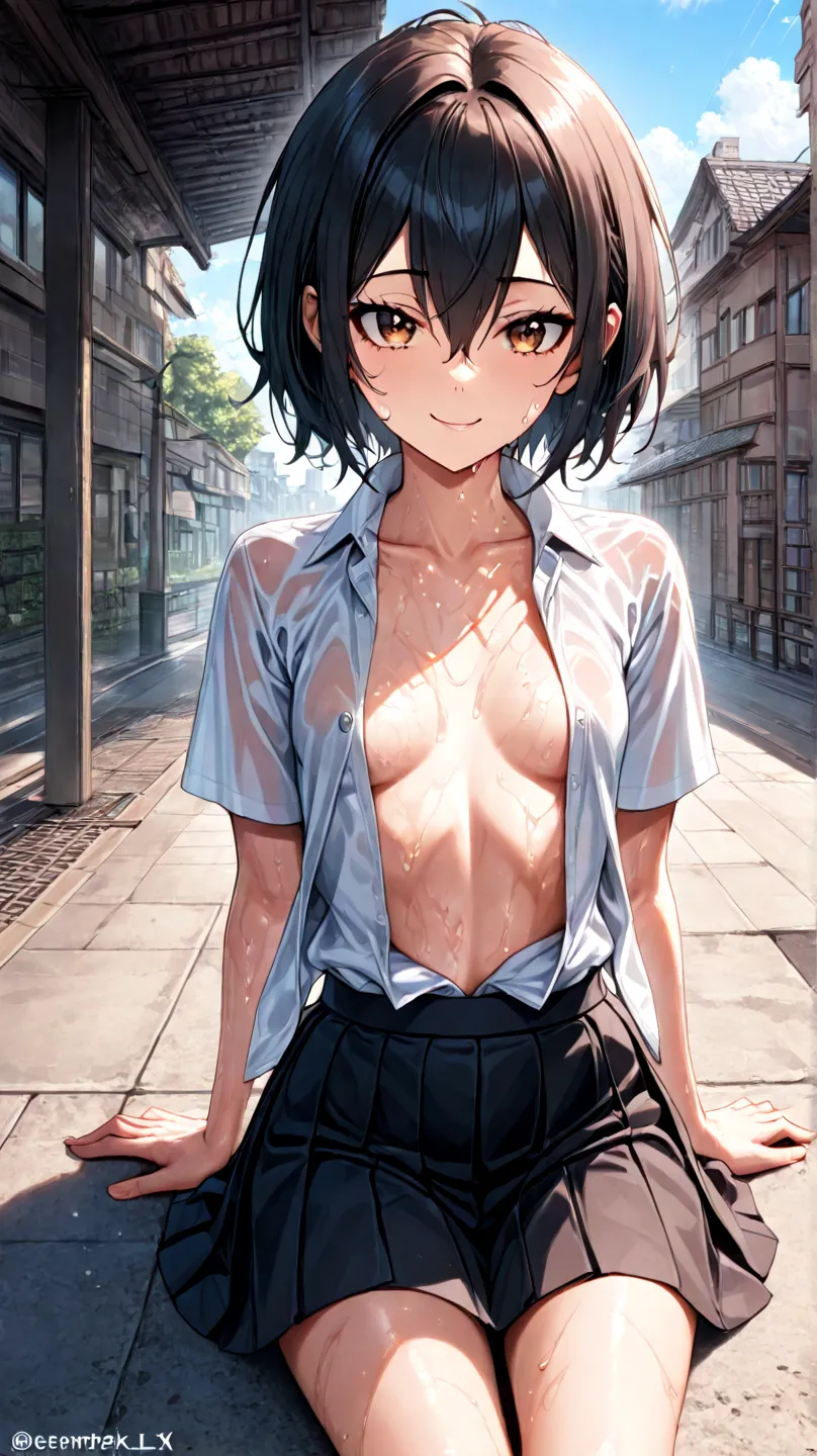 (masterpiece),best quality, w sitting, w sitting on ground, legs on ground, 1girl,
, PennyParkerSDXL,solo,1girl,short hair,skirt,shirt,black hair,hair between eyes,brown eyes,school uniform,white shirt, open shirt, sweaty,sleevesless,pleated skirt,collared...