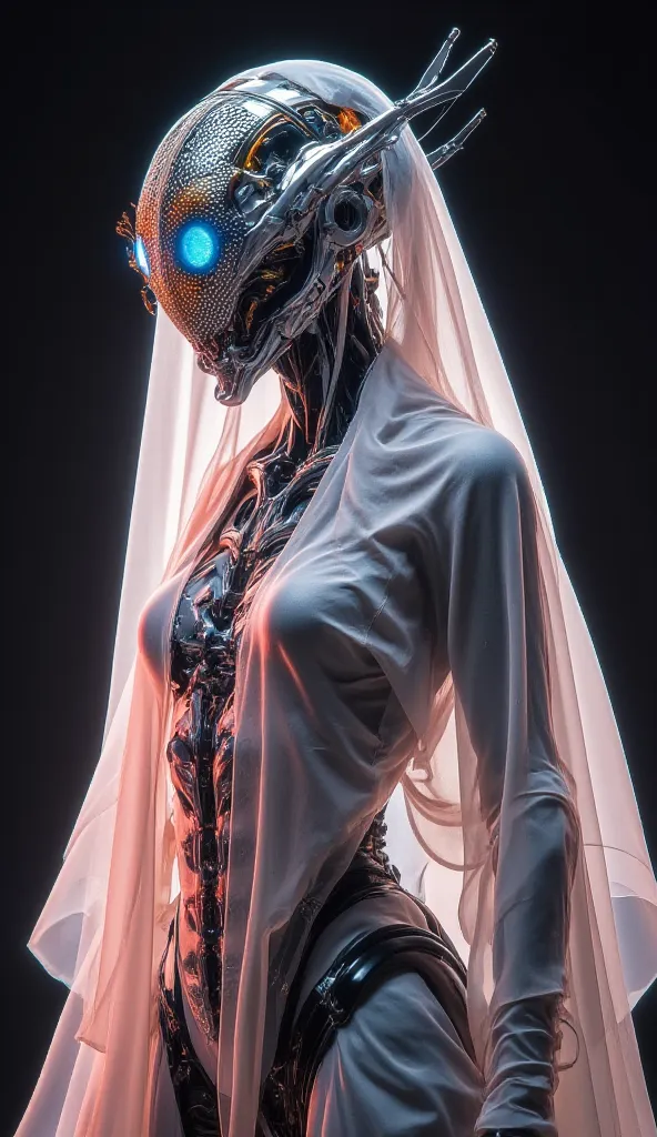 the aprodhite, stylized, futuristic humanoid cyborg, from the chest up, with a translucent, orange and blue insect eyes mesh-like helmet revealing a insect-like face. Mechanical details like vents and wires are visible around the chin and sides of the head...