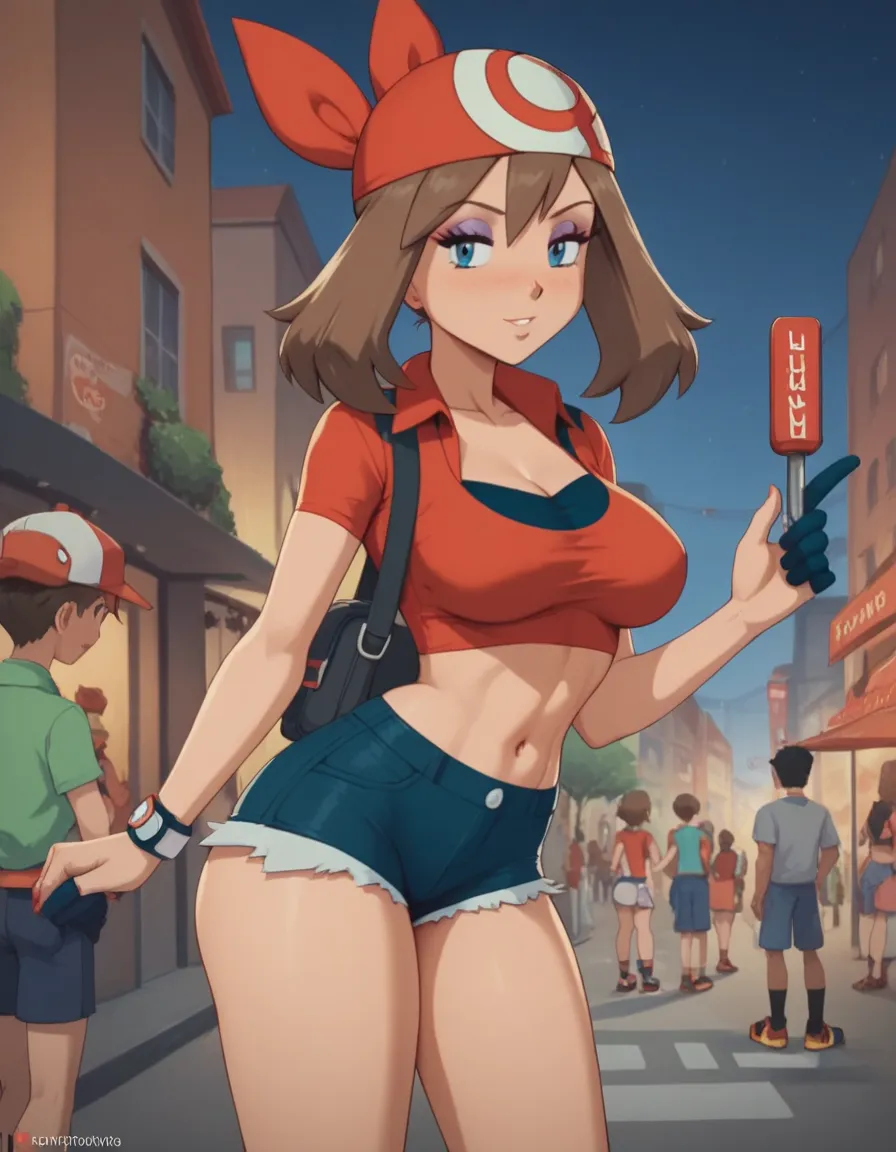 ((sexy girl ,young)) ,nsfw, glamorous, , may, pokemon trainer, young girl, prostitute, slutty, prostitute outfit, makeup, eyeshadow, city, huge tits, thicc, busty, big ass