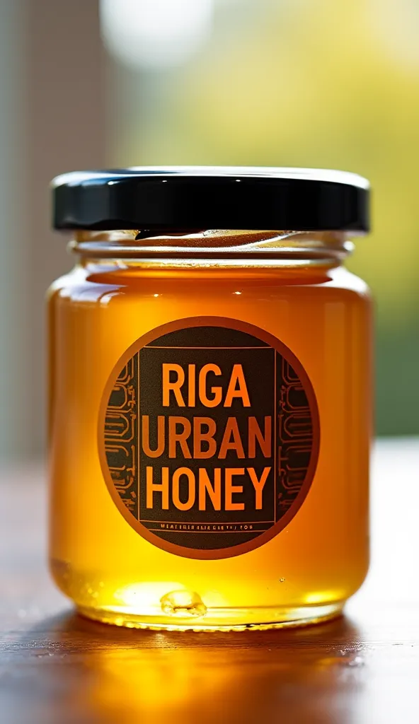 Honey jar with black lid brand name: "RIGA URBAN HONEY", urban pattern label, realistic photo, even glare on glass, natural daylight