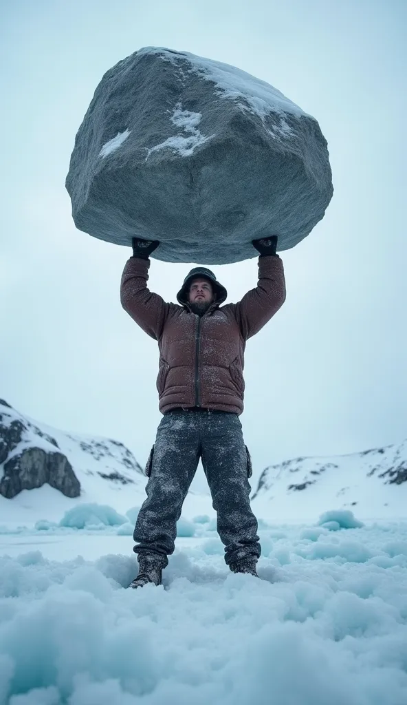 A first-person view of standing in the Arctic, surrounded by snow and ice. The hands grip a massive boulder, and the muscles tense as it’s lifted effortlessly overhead. The camera looks down at the snow crunching underfoot, then up at the boulder against t...