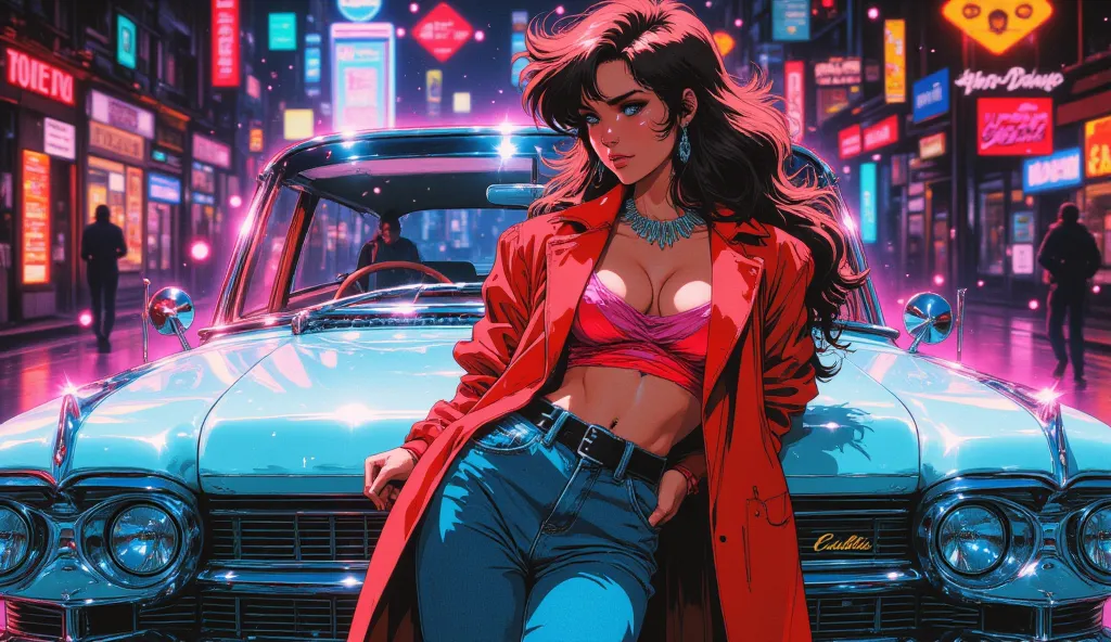 Woman dressed in the 80s, Background a Cadillac, With particles of lights floating, anime